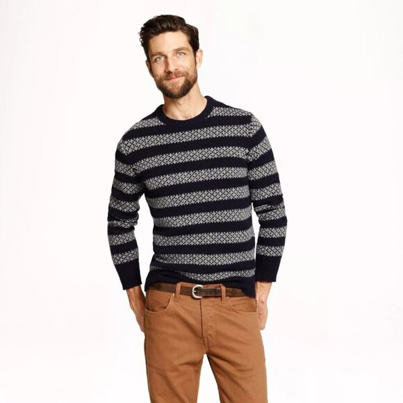J Crew Lambswool Stripe Sweater Chunky Mens Deep Navy Wallace Barnes Look M NWOT - Picture 1 of 6